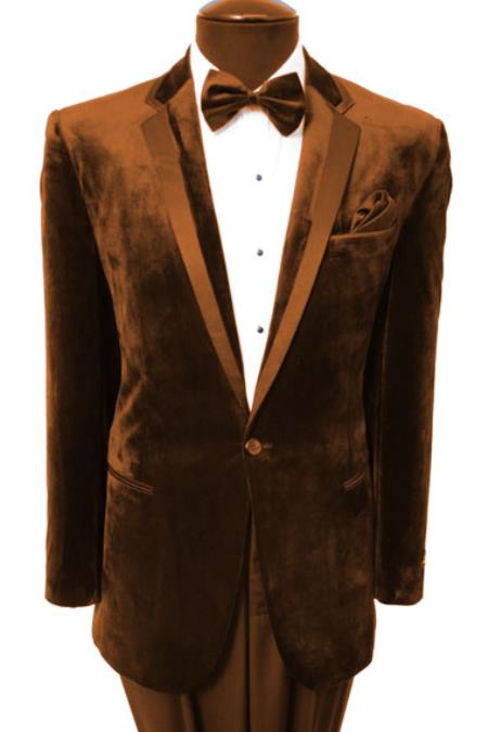 Mensusa Products Men's Velvet Velour Blazer Sport Coat Two Button Tuxedo Jacket With Black Trim Bronze