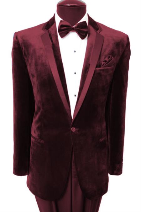 Mensusa Products Men's Velvet Velour Blazer Sport Coat Two Button Tuxedo Jacket With Black Trim Dark Wine