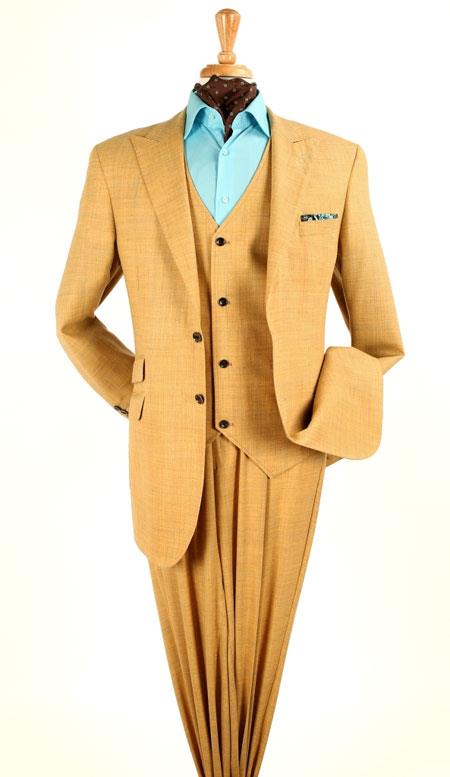 Mensusa Products Men's Three Piece 100% Wool Fashion Suit - Textured Solid Gold