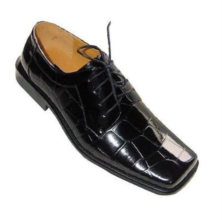 Mensusa Products Men's Shiny Crocodile ~ Alligator  Print Man Made Leather Dress Shoes Black