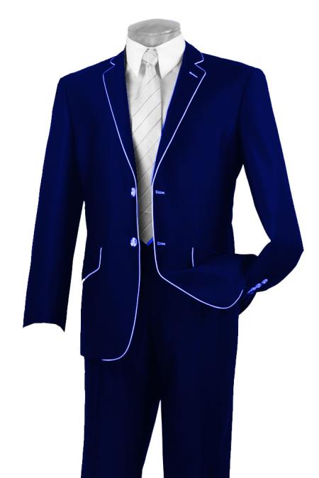 Mensusa Products Mens Two Button Two Toned Suit White Lapeled Tuxedo Navy-Blue