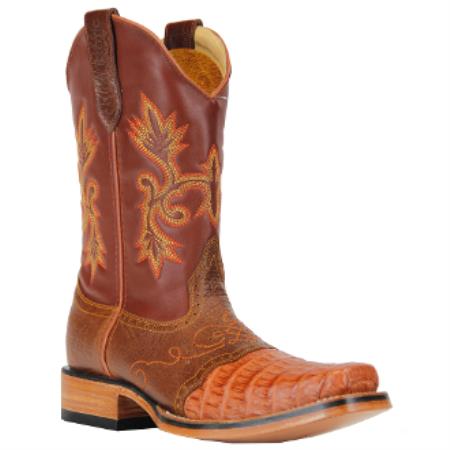 Mensusa Products Mens King Exotic Boots Caiman Belly Square Toe With Saddle Cognac