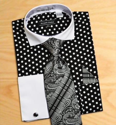 Mensusa Products Avanti Uomo Black / White Polka Dots With White Spread Collar Dress Fashion Shirt/ Tie / Hanky Set With Free Cufflinks
