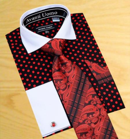 Mensusa Products Avanti Uomo Black With Red Polka Dot Two Tone Design 100% Cotton Dress Fashion Shirt / Tie / Hanky Set With Free Cufflinks