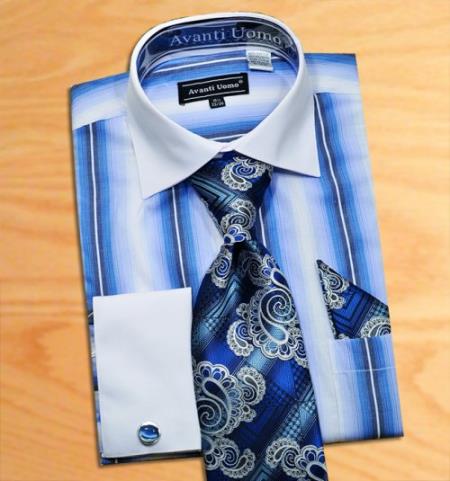 Mensusa Products Avanti Uomo Blue / White Pinstripes Design Dress Fashion Shirt / Tie / Hanky Set With Free Cufflinks