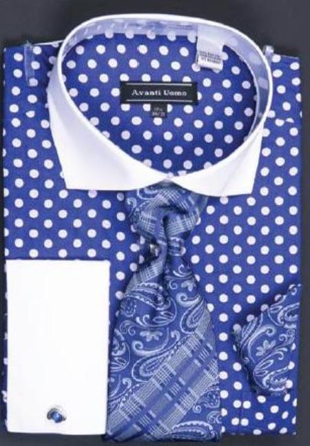 Mensusa Products Avanti Uomo Blue Polka Dot Two Tone Design 100% Cotton Dress Fashion Shirt/ Tie / Hanky Set With Free Cufflinks