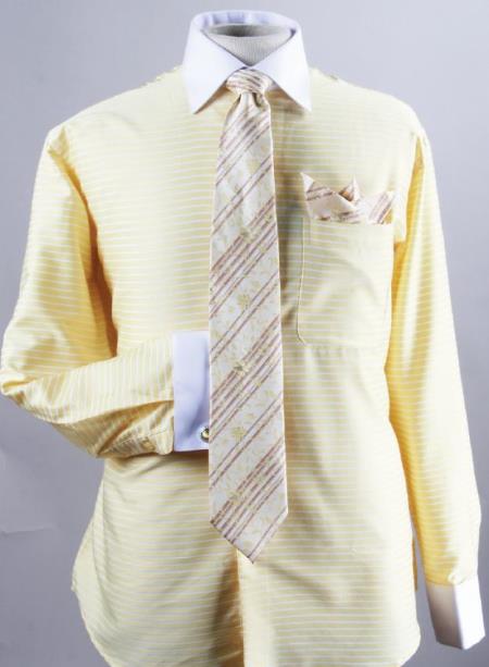 Mensusa Products Avanti Uomo Corn Horizontal Stripe Two Tone Dress Fashion Shirt/ Tie / Hanky Set With Free Cufflinks