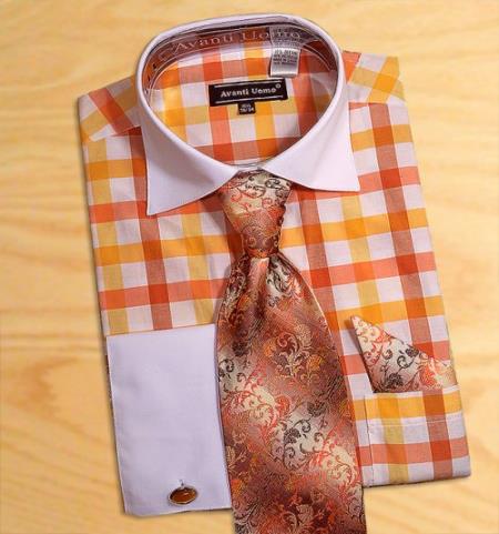 Mensusa Products Avanti Uomo Gold / Orange / White Check Design Dress Fashion Shirt/ Tie / Hanky Set With Free Cufflinks