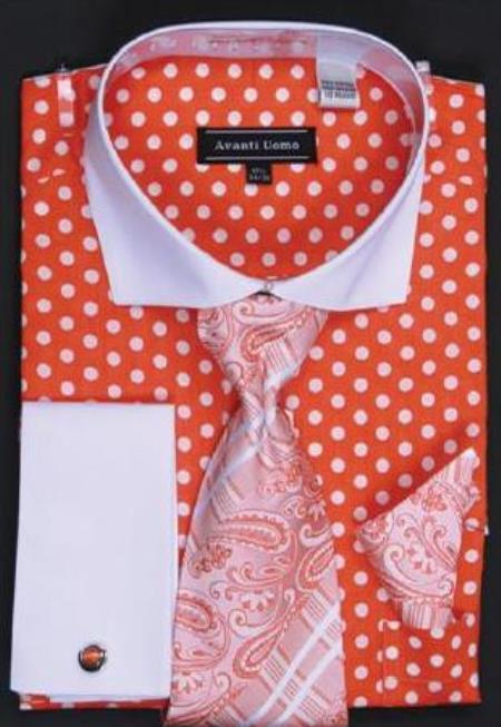 Mensusa Products Avanti Uomo Orange Polka Dot Two Tone Design 100% Cotton Dress Fashion Shirt/ Tie / Hanky Set With Free Cufflinks
