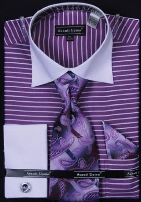 Mensusa Products Avanti Uomo Purple Horizontal Stripe Two Tone Dress Fashion Shirt/ Tie / Hanky Set With Free Cufflinks