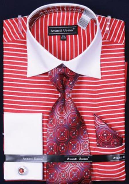 Mensusa Products Avanti Uomo Red Horizontal Stripe Two Tone Dress Fashion Shirt/ Tie / Hanky Set With Free Cufflinks