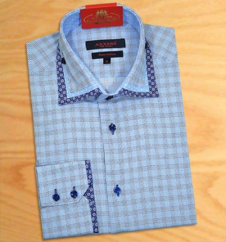 Mensusa Products Axxess Blue / Black / White Handpick Stitching 100% Cotton Dress Fashion Shirt With TripleCollar