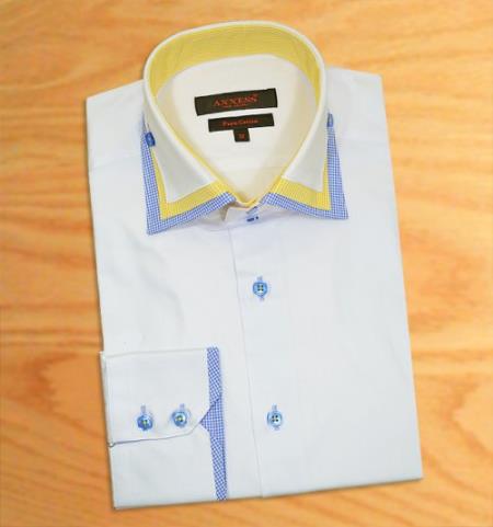 Mensusa Products Axxess White/ Blue / Yellow Handpick Stitching 100% Cotton Dress Fashion Shirt With TripleCo