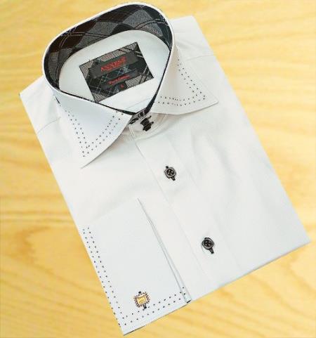 Mensusa Products Axxess White With Black Double Handpick Stitching 100% Cotton Dress Fashion Shirt