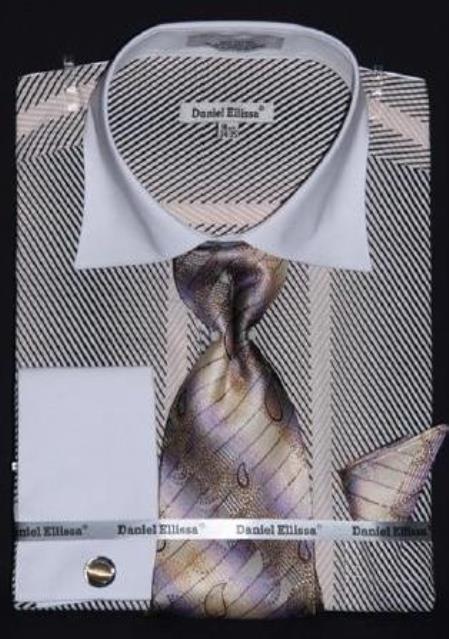 Mensusa Products Two Tone Stripes Design Dress Fashion Shirt/ Tie / Hanky Set With Free Cufflinks tan ~ beige