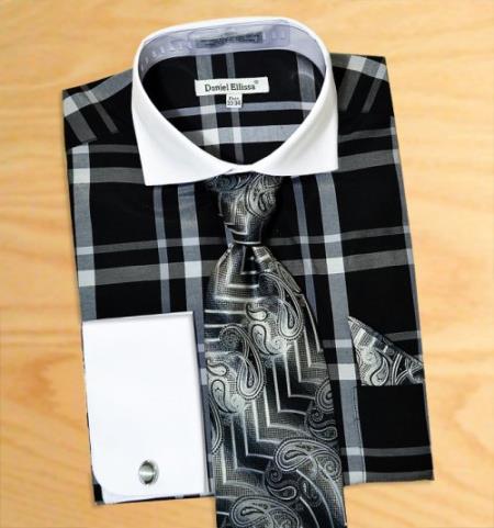Mensusa Products Windowpane Plaid Pattern Dress Fashion Shirt/ Tie / Hanky Set With Free Cufflinks Black / Grey / White