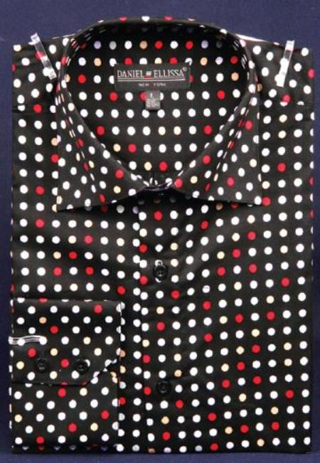 Mensusa Products Dotted Fancy 100% Cotton Dress Fashion ShirtWith Button Cuff Black / Red