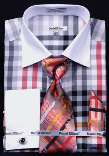 Mensusa Products Checker Pattern Dress Fashion Shirt/ Tie / Hanky Set With Free Cufflinks Black / White