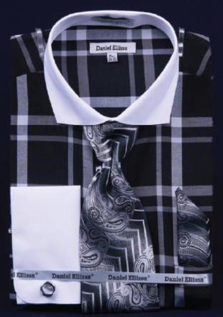 Mensusa Products Windowpane Plaid Pattern Dress Fashion Shirt/ Tie / Hanky Set With Free Cufflinks Black / White