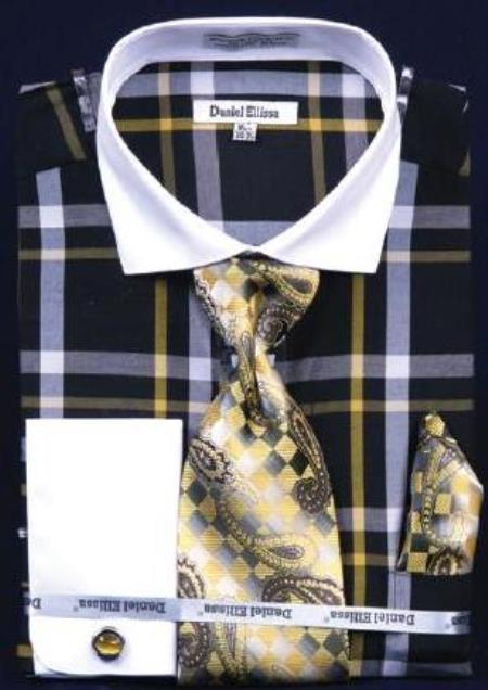 Mensusa Products Windowpane Plaid Pattern Dress Fashion Shirt/ Tie / Hanky Set With Free Cufflinks Black / Yellow