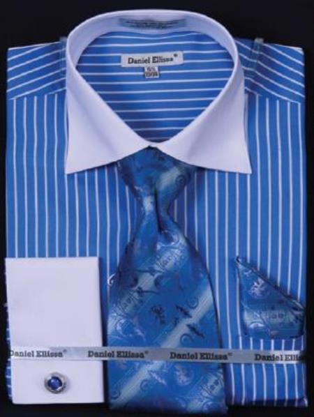 Mensusa Products Vertical Stripe Two Tone Dress Fashion Shirt / Tie / Hanky Set With Free Cufflinks Blue