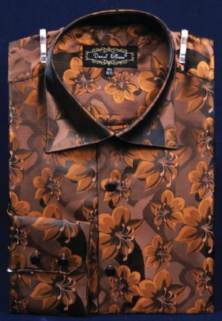 Mensusa Products Fancy Polyester Dress Fashion Shirt With Button Cuff Brown