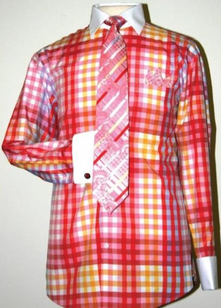 Mensusa Products Checker Pattern Dress Fashion Shirt/ Tie / Hanky Set With Free Cufflinks Fuschia/White