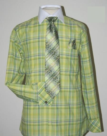 Mensusa Products Checker Pattern Dress Fashion Shirt/ Tie / Hanky Set With Free Cufflinks Green/Lime/Apple