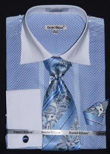 Mensusa Products Two Tone Stripes Design Dress Fashion Shirt/ Tie / Hanky Set With Free Cufflinks Light Blue