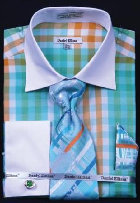 Mensusa Products Checker Pattern Dress Fashion Shirt/ Tie / Hanky Set With Free Cufflinks Mint