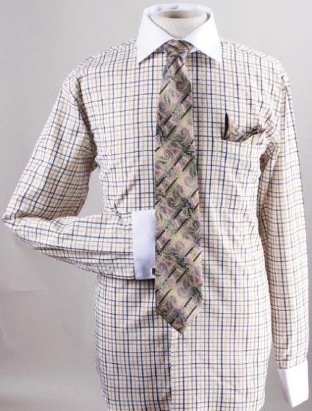 Mensusa Products Small Checker Dress Fashion Shirt/ Tie / Hanky Set With Free Cufflinks Mustard