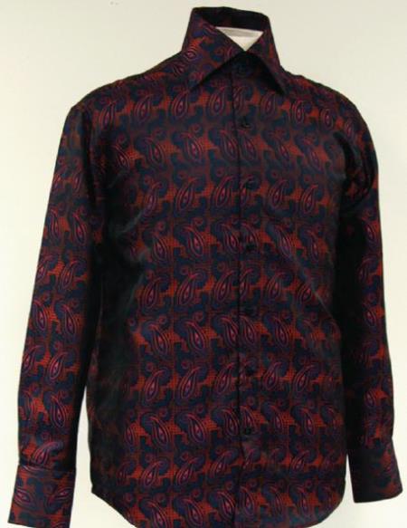 Mensusa Products Fancy Polyester Dress Fashion Shirt With Button Cuff Navy/Red