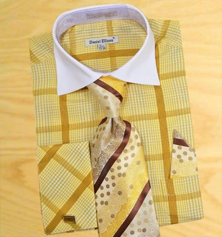Mensusa Products Checker Pattern Two Tone Dress Fashion Shirt/ Tie / Hanky Set With Free Cufflinks Olive