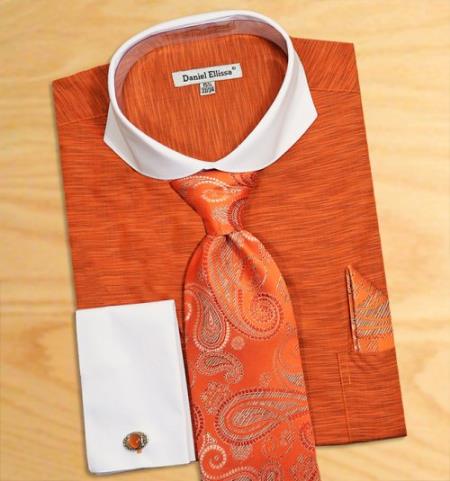 Mensusa Products Self Design With Spread Collar Dress Fashion Shirt/ Tie / Hanky Set With Free Cufflinks Orange