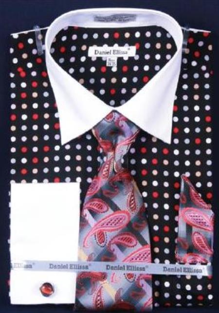 Mensusa Products Multi Polka Dot Dress Fashion Shirt/ Tie / Hanky Set With Free Cufflinks Black Red