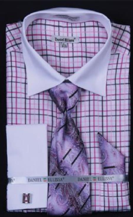 Mensusa Products Small Checker Dress Fashion Shirt/ Tie / Hanky Set With Free Cufflinks Black