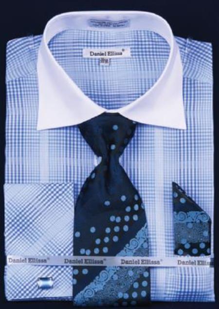 Mensusa Products Checker Pattern Two Tone Dress Fashion Shirt/ Tie / Hanky Set With Free Cufflinks Blue/White