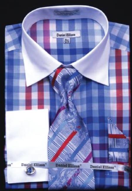 Mensusa Products Checker Pattern Dress Fashion Shirt/ Tie / Hanky Set With Free Cufflinks Blue