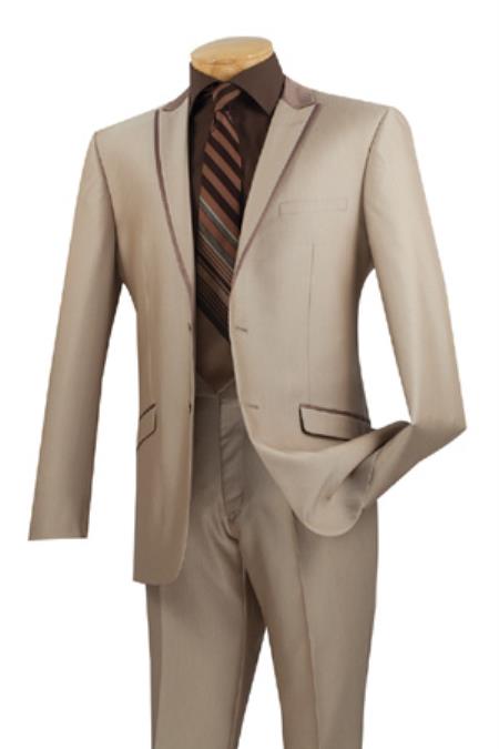 Mensusa Products Mens Two Button Peak Lapel Tuxedo Trimmed Mens Formal wear Suit Beige