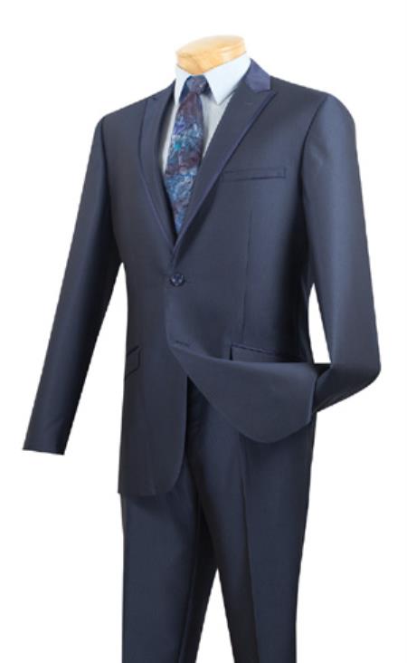Mensusa Products Mens Two Button Peak Lapel Tuxedo Trimmed Mens Formal wear Suit Midnight Blue