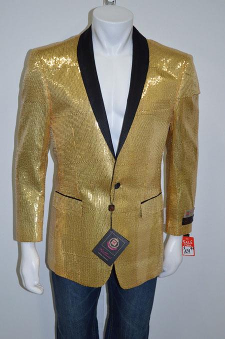 Mensusa Products Sequins One Button Blazer Shawl Collar 100% Polyester Gold