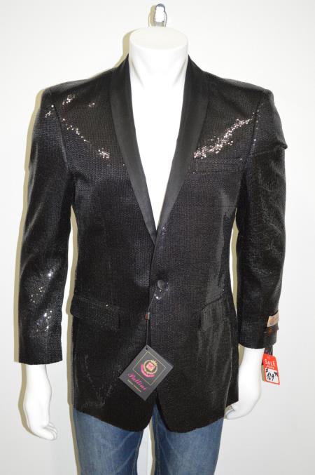 Mensusa Products Sequins One Button Blazer Shawl Collar 100% Polyester Black