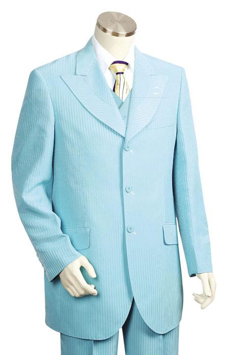 Mensusa Products Shadow Stripe Pattern Vested Three Piece Fashion Suit Peak Lapel Turquoise