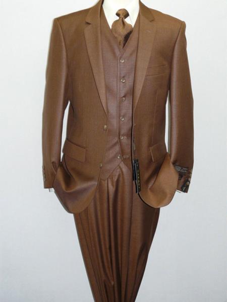 Mensusa Products Men's Three Piece Vested Suit Shinny Sharkskin Rust Brown