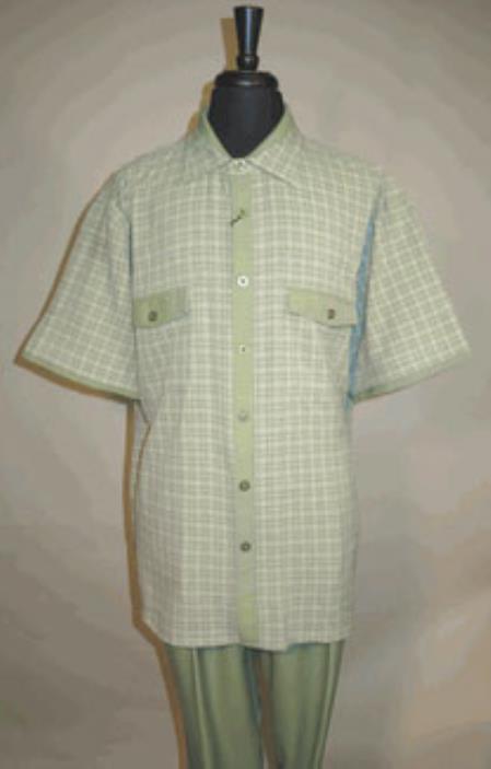 Mensusa Products Walking Set Neat Plaid Pattern Featuring Two Tone Shirt with Two solid Color Flap Pockets And Contrasting Solid Pleated Pants Olive