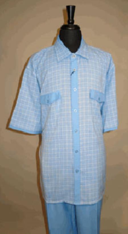 Mensusa Products Walking Set Neat Plaid Pattern Featuring Two Tone Shirt With Two solid Color Flap Pockets And Contrasting Solid Pleated Pants Blue