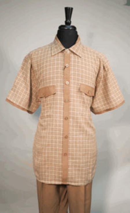 Mensusa Products Walking Set Neat Plaid Pattern Featuring Two Tone Shirt With Two solid Color Flap Pockets And Contrasting Solid Pleated Pants Brown