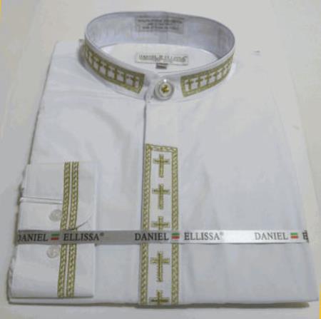 Mensusa Products Men's Mandarin Banded Dress Shirt with Cross Embroidery Trim Collar And Covered Buttons And Convertible Cuffs Also With Embroidery Trim White And Gold