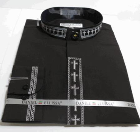 Mensusa Products Men's Mandarin Banded Dress Shirt with Cross Embroidery Trim Collar And Covered Buttons