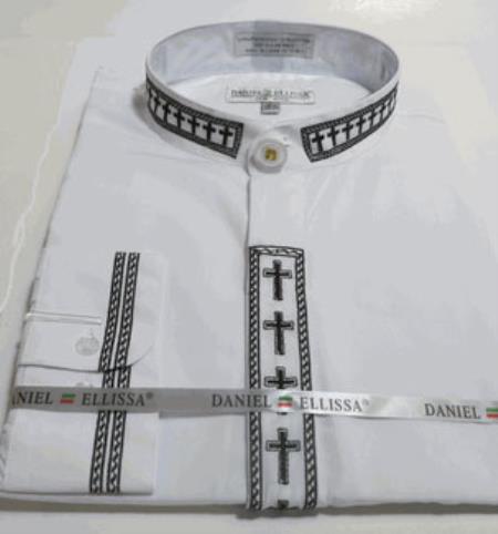 Mensusa Products Men's Mandarin Banded Dress Shirt with Cross Embroidery Trim Collar And Covered Buttons